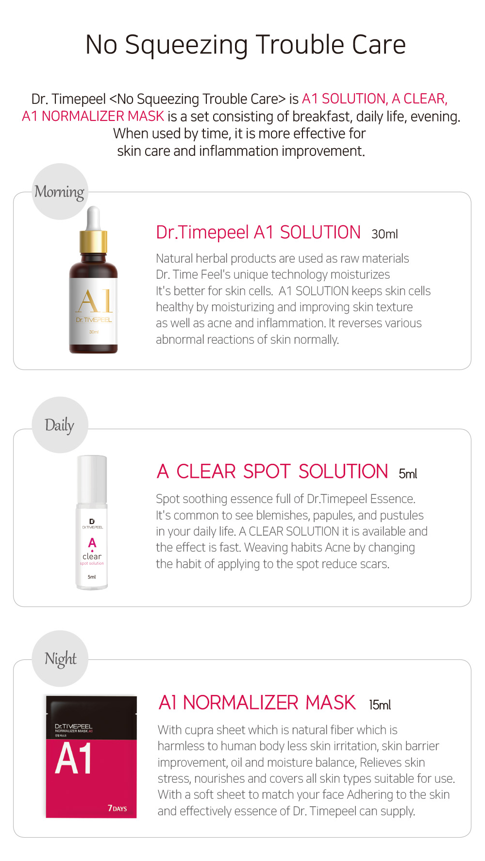 Dr. Timepeel Daily Routine - Dr. Timepeel A1 Solution,  A Clear Spot Solution, A1 Normalizer Mask
